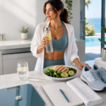 DAOFitLife hero image showing a fit woman in a bright modern wellness kitchen holding lemon water beside a clean meal, walking shoes, a scale, and a “Clean & Lean” checklist, with the title “How to Drop 5 Pounds in One Day: The Clean & Lean Protocol.”