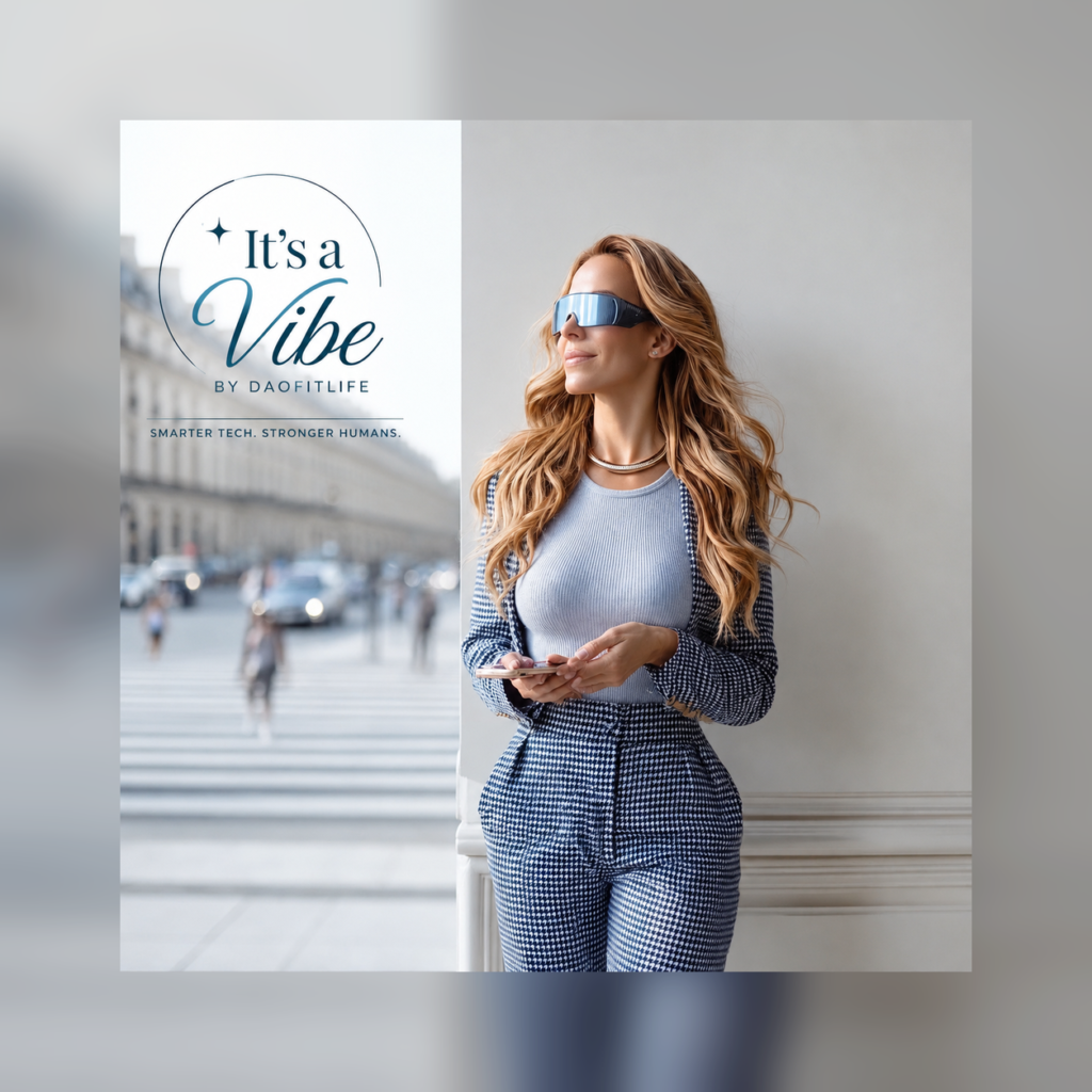 Featured image for “It’s a Vibe: Vibe Code Your Energy,” showing a stylish woman in reflective sunglasses holding a smartphone beside the DAOFitLife logo and the tagline “Smarter Tech. Stronger Humans.”