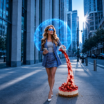 Stylish blonde woman in a blue patterned suit and mirrored visor sunglasses pours an iced matcha onto a city sidewalk while holding a smartphone, framed by a glowing blue digital sphere.