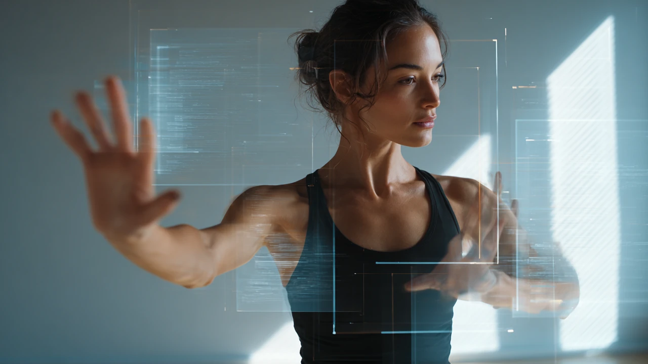 Confident professional reaching through a transparent digital interface.