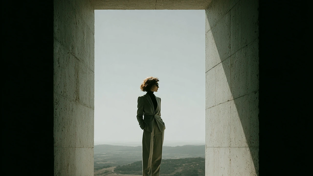 Executive woman standing confidently in a monumental doorway filled with light.