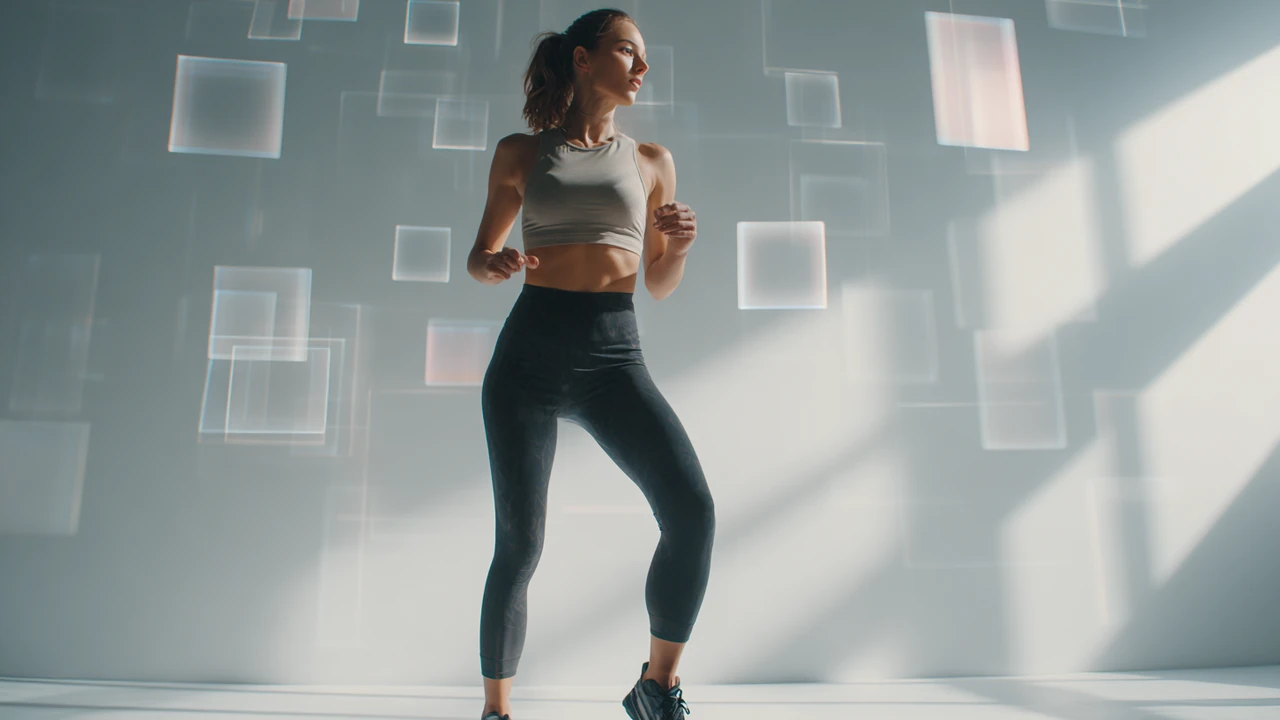 Fit professional moving through floating translucent frames in a bright studio.