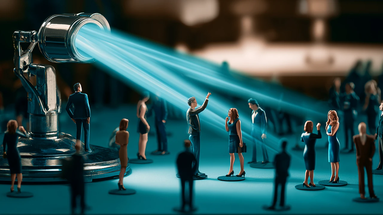 Professionals standing beneath a focused teal spotlight, illustrating attention and status.