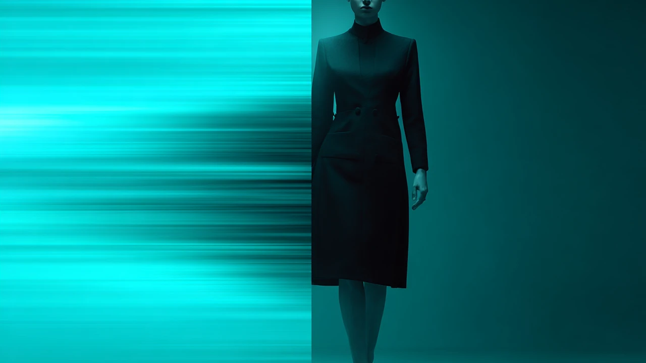 Executive woman emerging from abstract teal motion into a composed new identity.