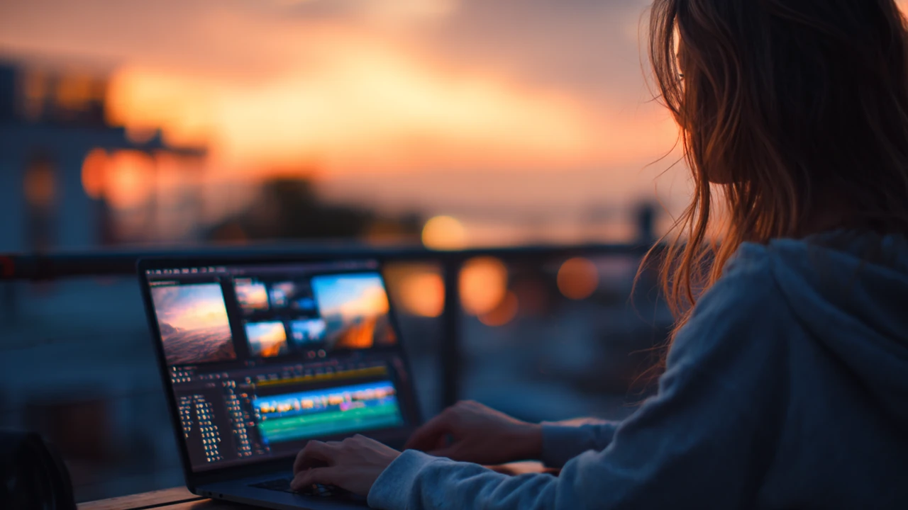 Professional editing on a laptop at sunset, turning intention into finished work.