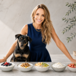 DAOFitLife founder Lili Kazemi smiles with her dog behind six bowls of Greek yogurt prepared for a taste test.