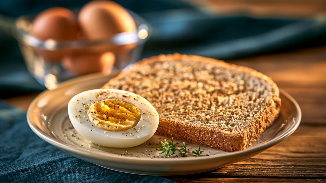 A halved hard-boiled egg and toast beside a container of eggs prepared ahead.