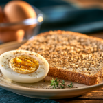 A halved hard-boiled egg and toast beside a container of eggs prepared ahead.