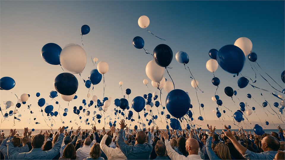 Crowd releasing blue, white, and navy balloons into an open sky