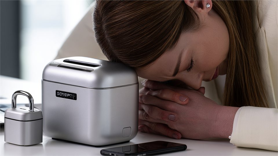 Overwhelmed professional resting beside a smartphone and locked savings boxes