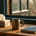 A tissue box, ceramic mug and closed blue notebook on a wooden desk beside a winter window.