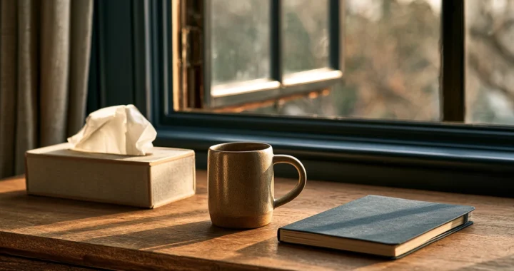 A tissue box, ceramic mug and closed blue notebook on a wooden desk beside a winter window.