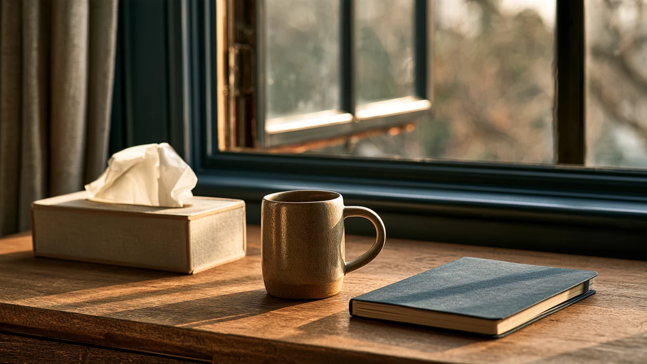 A tissue box, ceramic mug and closed blue notebook on a wooden desk beside a winter window.