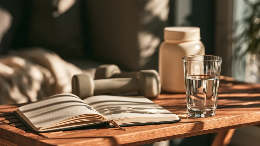 An open notebook, dumbbell, water glass and plain supplement container on a sunlit wooden training bench.