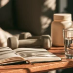 An open notebook, dumbbell, water glass and plain supplement container on a sunlit wooden training bench.