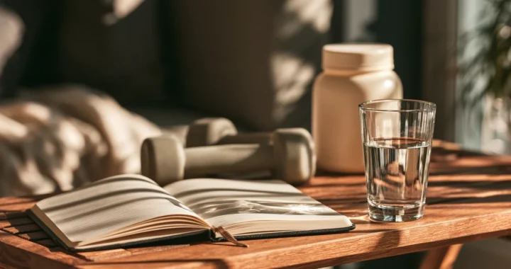 An open notebook, dumbbell, water glass and plain supplement container on a sunlit wooden training bench.
