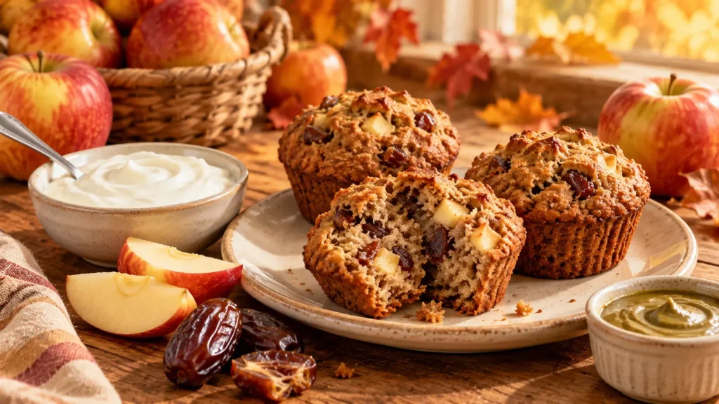 Apple and date muffins with Greek yogurt, apple wedges, dates and pumpkin seed butter, with a basket of apples in the background.
