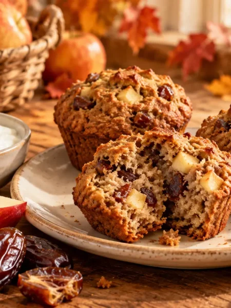 Apple and date muffins with Greek yogurt, apple wedges, dates and pumpkin seed butter, with a basket of apples in the background.
