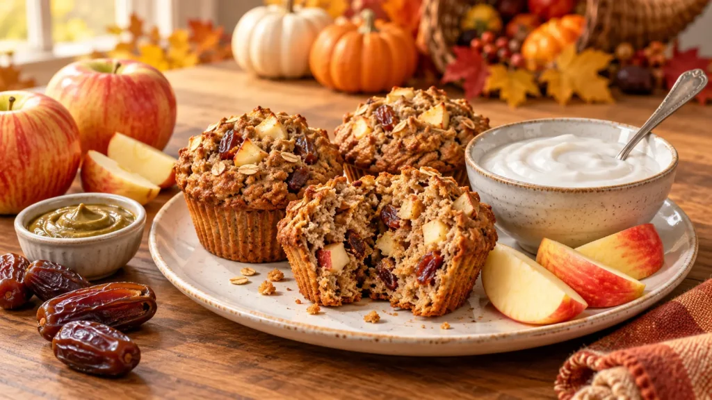 Apple and date muffins with coconut milk yogurt, apples and dates, with pumpkins and a cornucopia in the background.