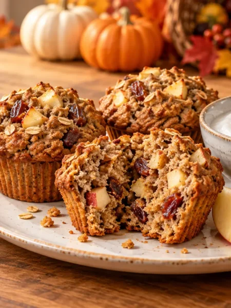 Apple and date muffins with coconut milk yogurt, apples and dates, with pumpkins and a cornucopia in the background.