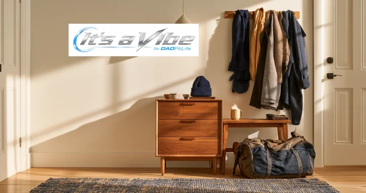 Winter coats, a knit hat, gloves, a gym bag and a topped coffee arranged in a sunlit entryway, with the It’s a Vibe by DAOFitLife logo.