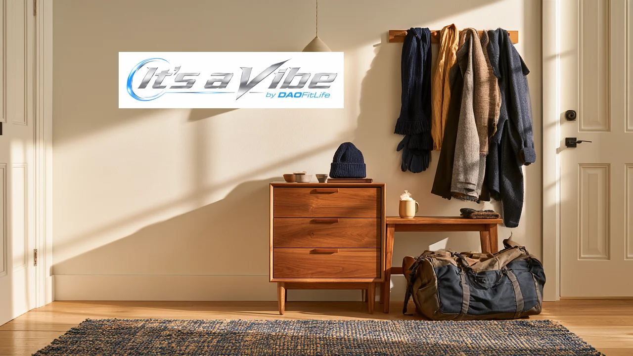 Winter coats, a knit hat, gloves, a gym bag and a topped coffee arranged in a sunlit entryway, with the It’s a Vibe by DAOFitLife logo.