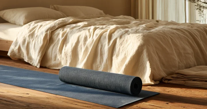A cream-linen bed and folded blanket beside a blue yoga mat partly rolled on a wooden floor.