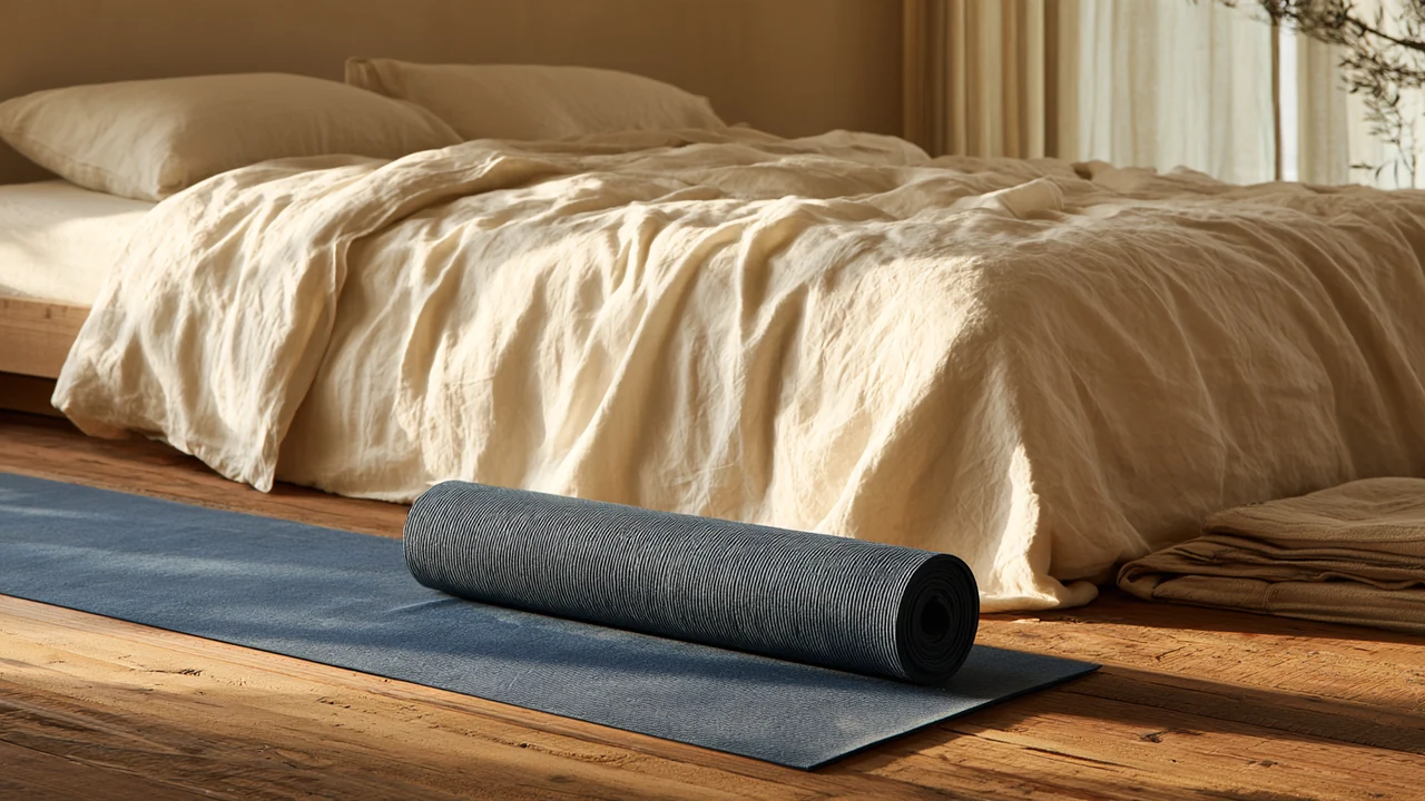 A cream-linen bed and folded blanket beside a blue yoga mat partly rolled on a wooden floor.