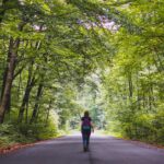 woman in red jacket walking on road between trees during daytime