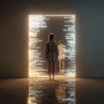 "A woman standing in front of a mirror that reflects not just her physical self but also glowing words, goals, and memories, symbolizing how AI captures personal growth and identity."