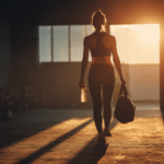 Woman walking into a gym at sunrise, carrying a water bottle and gym bag, with determination in her stride.