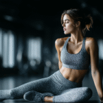 fit woman in a gym locker room struggling to pull up tight yoga pants, captured in a candid, realistic style with natural lighting."