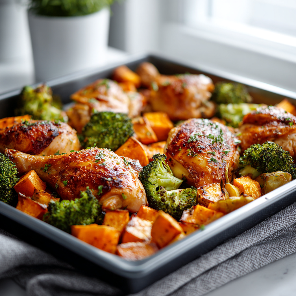 Roasted chicken, sweet potatoes, and broccoli on a single baking sheet.